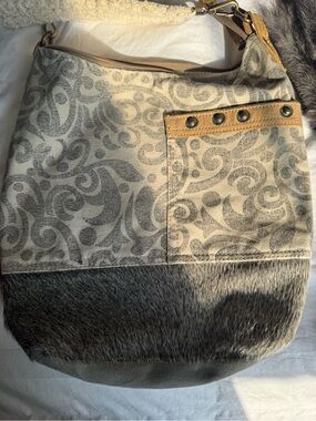 Myra Bag Gray Pattern Canvas Hobo with Tan Leather Trim and Dark Fur Base